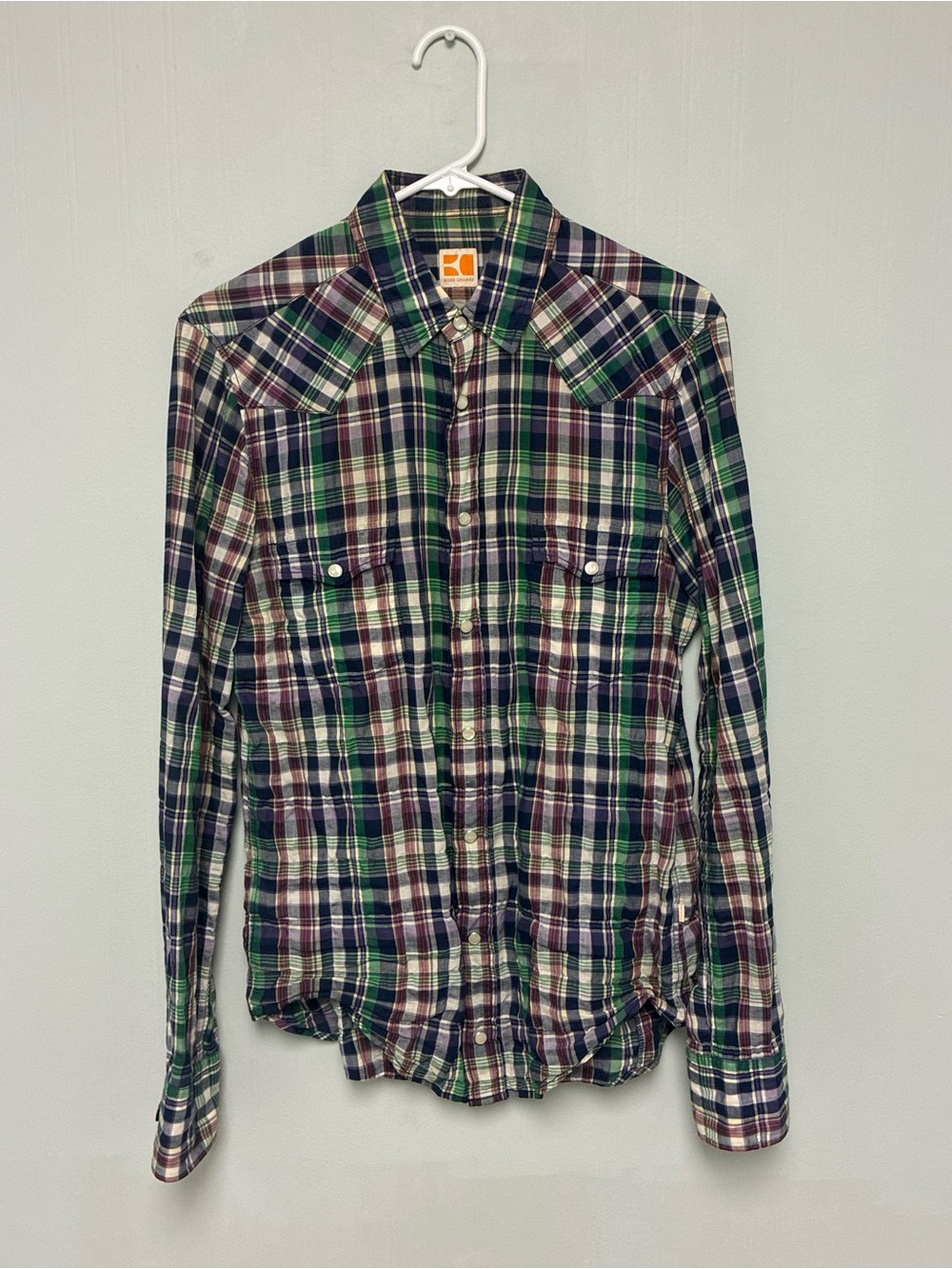 Hugo Boss Orange Green, Purple, and Beige Plaid Flannel Shirt small